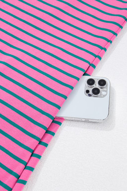 Rose Stripe Collared Puff Sleeve Pocket Plus Size Pop of Color Neckline Dress