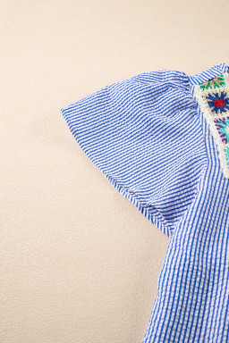 Sky Blue Striped Crochet Applique Boho Blouse
