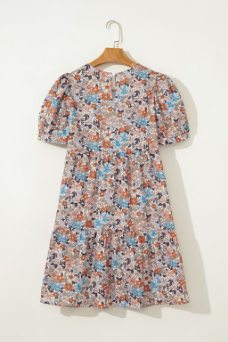 Apricot Bohemian Floral Print Short Puff Sleeve Mini Dress