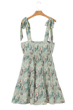 Green Floral Knotted Strap Smocked Tiered Mini Dress