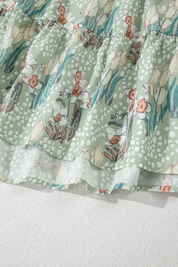 Green Floral Knotted Strap Smocked Tiered Mini Dress