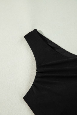 Black Ruched Mesh One Shoulder Bikini Top and Skirts Set