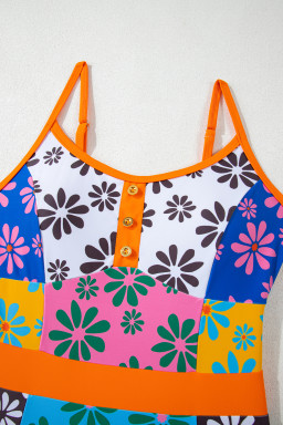 Orange Floral Colorblock Buttoned Front Spaghetti Straps Swimsuit