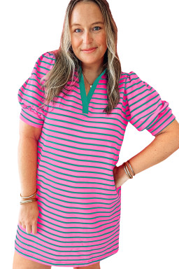 Rose Stripe Collared Puff Sleeve Pocket Plus Size Pop of Color Neckline Dress