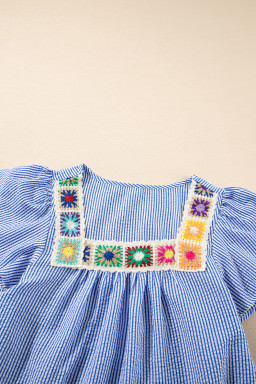 Sky Blue Striped Crochet Applique Boho Blouse