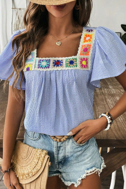 Sky Blue Striped Crochet Applique Boho Blouse