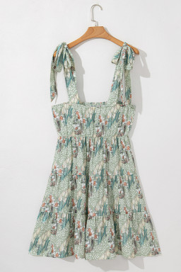 Green Floral Knotted Strap Smocked Tiered Mini Dress