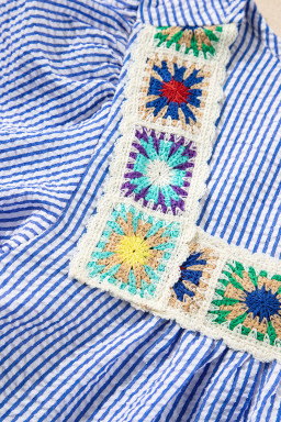 Sky Blue Striped Crochet Applique Boho Blouse