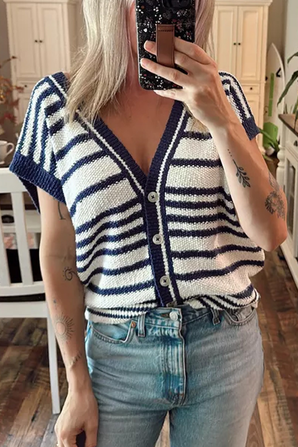 Blue Stripe Loose Buttoned V Neck Knit Vest