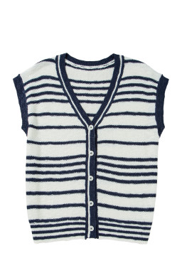 Blue Stripe Loose Buttoned V Neck Knit Vest