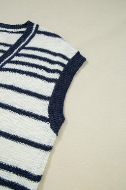 Blue Stripe Loose Buttoned V Neck Knit Vest