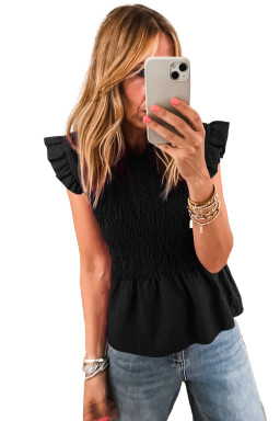 Black Ruffle Short Sleeve Shirred Peplum Top