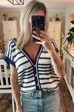 Blue Stripe Loose Buttoned V Neck Knit Vest