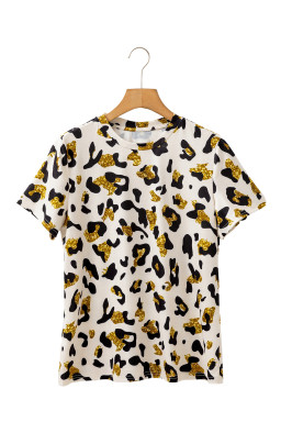 Apricot Leopard Print Round Neck Casual T Shirt