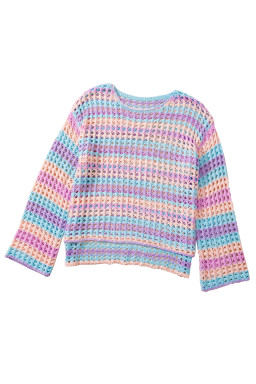 Purple Striped Hollow Knit Summer Beach Cover Up