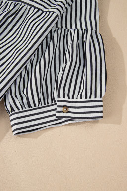 Black Stripe Buttoned V Neck Pocketed Plus Size Mini Dress