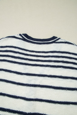 Blue Stripe Loose Buttoned V Neck Knit Vest