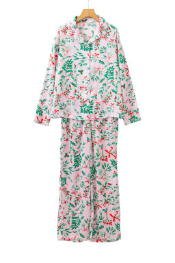 Pink Christmas Print Plush Edge Collar Shirt Pants Pajama Set