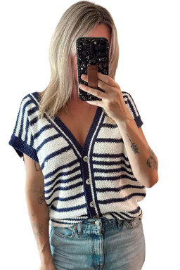 Blue Stripe Loose Buttoned V Neck Knit Vest