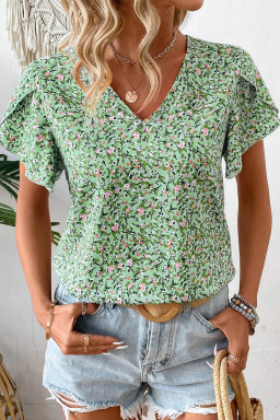 Green Boho Floral V Neck Short Sleeve Blouse