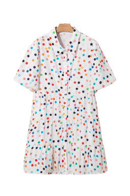 White Polka Dot Print Bubble Sleeve Button Up Plus Size Shirt Dress
