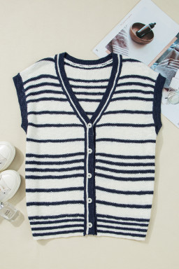 Blue Stripe Loose Buttoned V Neck Knit Vest