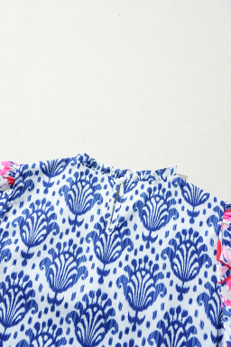 Blue Floral Print Puff Sleeve Frill Neck Blouse