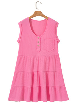 Bright Pink Waffle Sleeveless Henley A-line Tiered Mini Dress