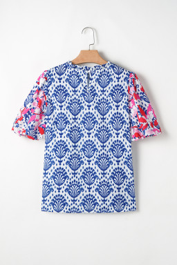 Blue Floral Print Puff Sleeve Frill Neck Blouse