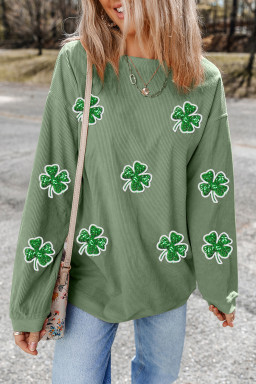 Grass Green Ribbed Four Leaf Clover Graphic St Patricks Pullover Sweatshirt