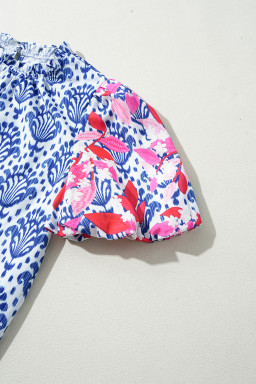 Blue Floral Print Puff Sleeve Frill Neck Blouse