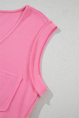 Bright Pink Waffle Sleeveless Henley A-line Tiered Mini Dress