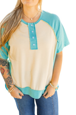 Mint Green Color Block Raglan Sleeve Buttoned Plus Size T Shirt