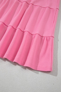 Bright Pink Waffle Sleeveless Henley A-line Tiered Mini Dress