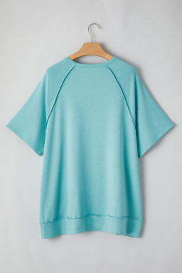 Mint Green Color Block Raglan Sleeve Buttoned Plus Size T Shirt
