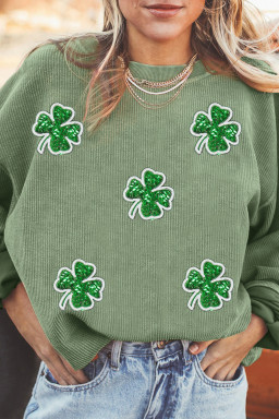 Grass Green Ribbed Four Leaf Clover Graphic St Patricks Pullover Sweatshirt