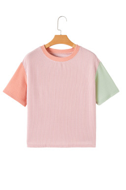 Rose Red Corded Colorblock Crewneck Tee