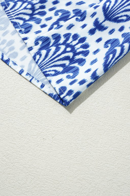 Blue Floral Print Puff Sleeve Frill Neck Blouse