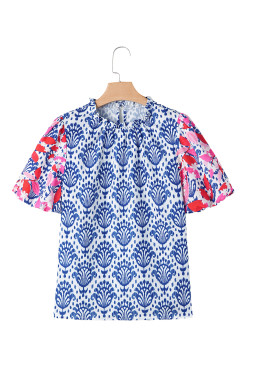 Blue Floral Print Puff Sleeve Frill Neck Blouse