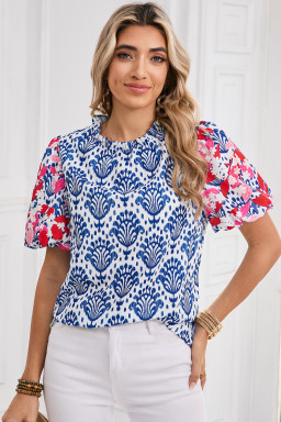 Blue Floral Print Puff Sleeve Frill Neck Blouse