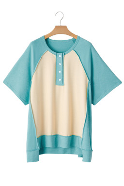 Mint Green Color Block Raglan Sleeve Buttoned Plus Size T Shirt