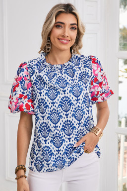 Blue Floral Print Puff Sleeve Frill Neck Blouse