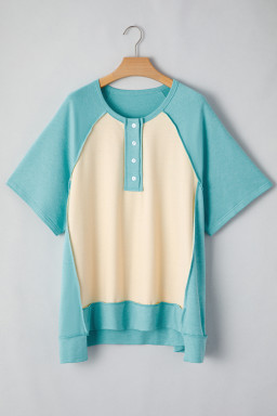Mint Green Color Block Raglan Sleeve Buttoned Plus Size T Shirt