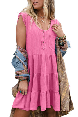 Bright Pink Waffle Sleeveless Henley A-line Tiered Mini Dress