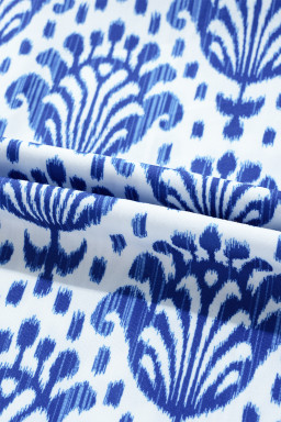 Blue Floral Print Puff Sleeve Frill Neck Blouse