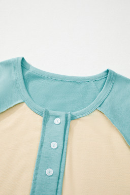 Mint Green Color Block Raglan Sleeve Buttoned Plus Size T Shirt