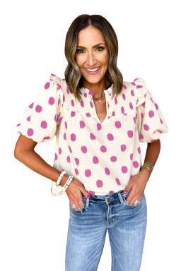 Rose Polka Dot Print Shirred Notched Neck Puff Sleeve Blouse