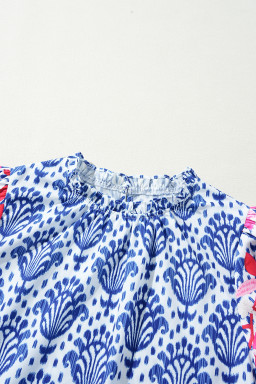 Blue Floral Print Puff Sleeve Frill Neck Blouse