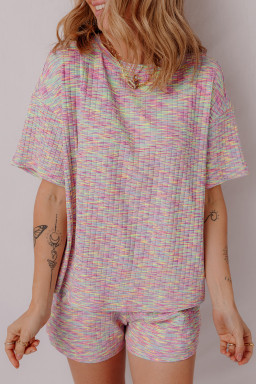Multicolour Ribbed Knit T Shirt and Shorts Pajama Set
