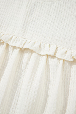 White Solid Color Ruffle Trim Waffle Textured Blouse